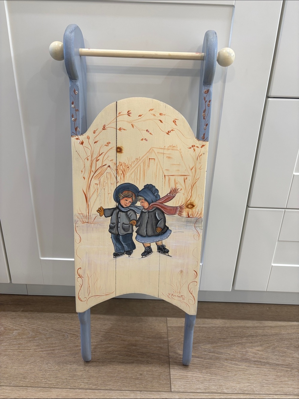 Hand-Painted Blue and Cream Wooden Wall Sled Panel - Vintage Style